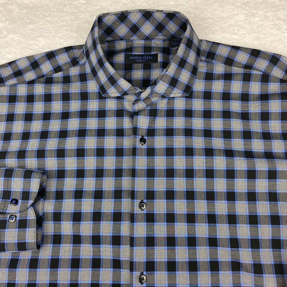 Andrew Fezza Mens 2XL Blue Black Plaid Modern Fit LS Dress Shirt 18-18.5